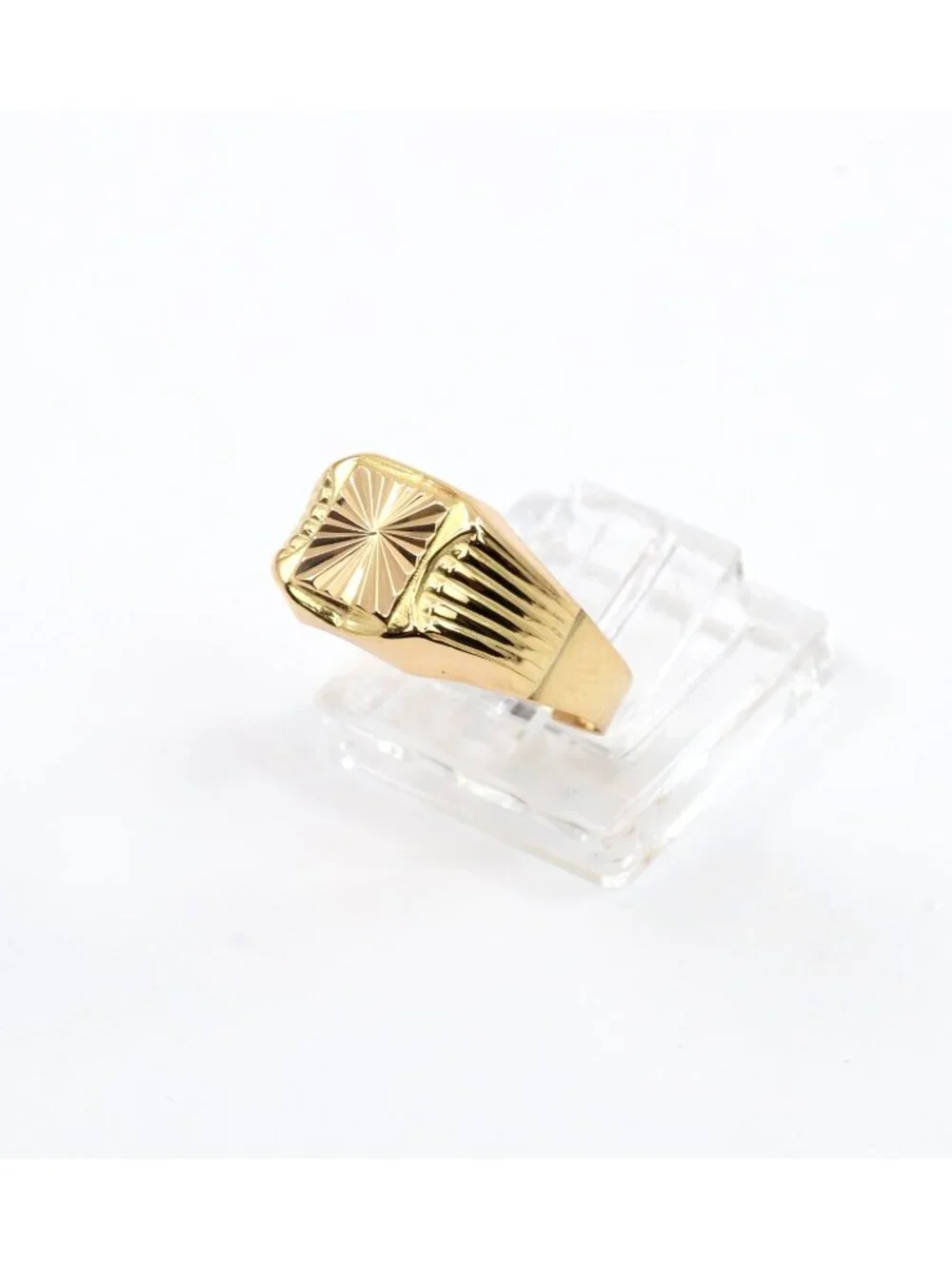 Vintage 18K Solid Yellow Gold Italian Diamond Cut Starburst Signet Ring Size 8.5
